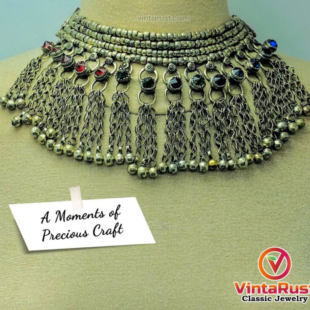 Vintage Kuchi Choker Necklace: Silver Beaded Tribal Necklace with Bells